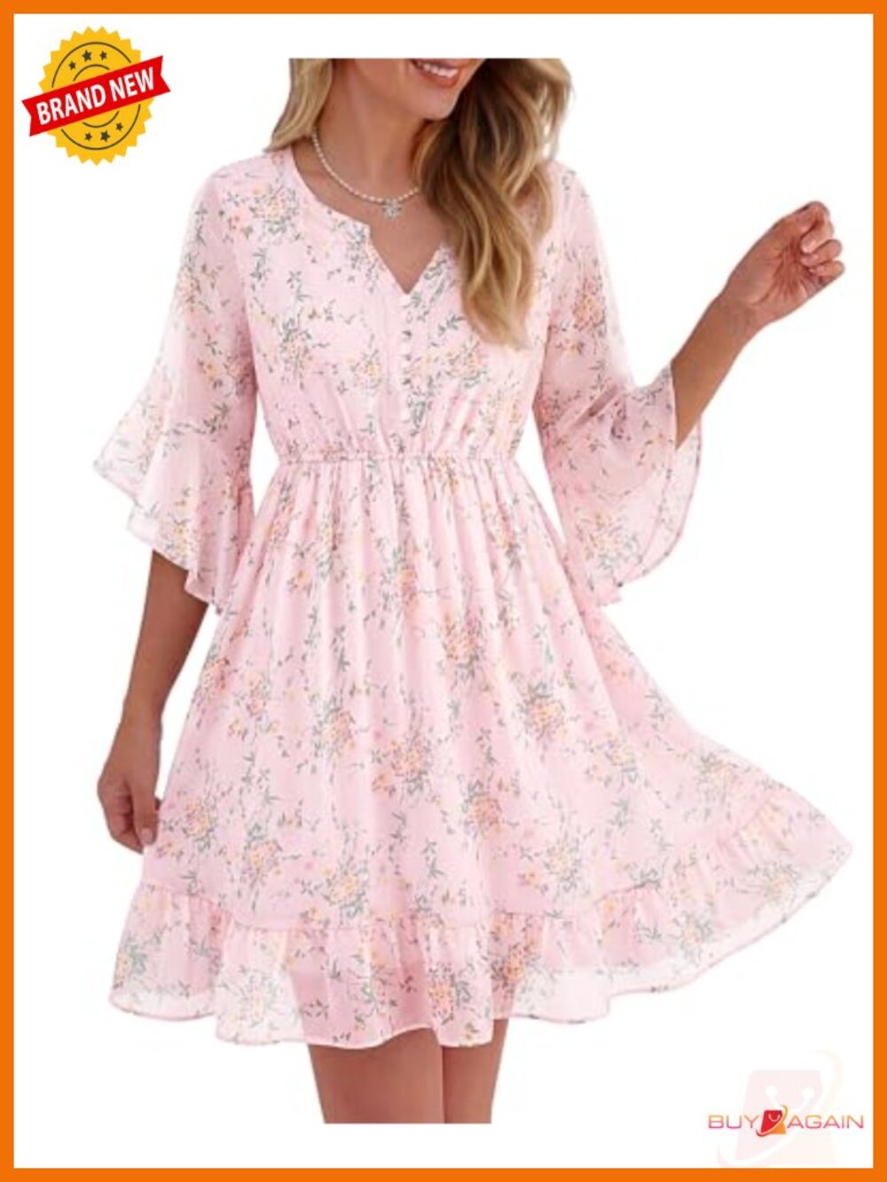 Womens Chiffon Dress 3/4 Ruffle Sleeve Ruffle Hem Elastic Waist A-Line